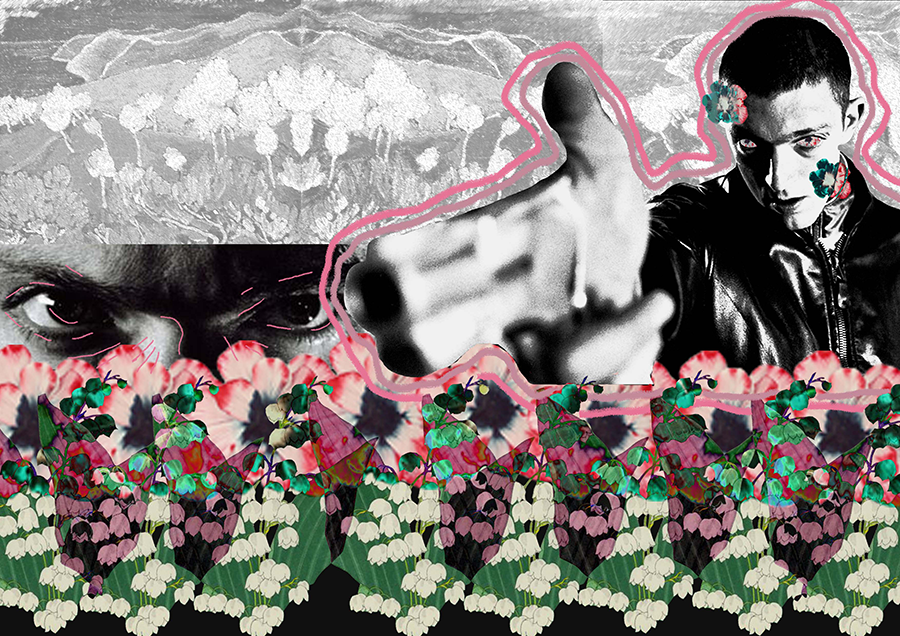 expérimentation collage et photomontage avec des images de fleurs et d'une séquence du film la haine